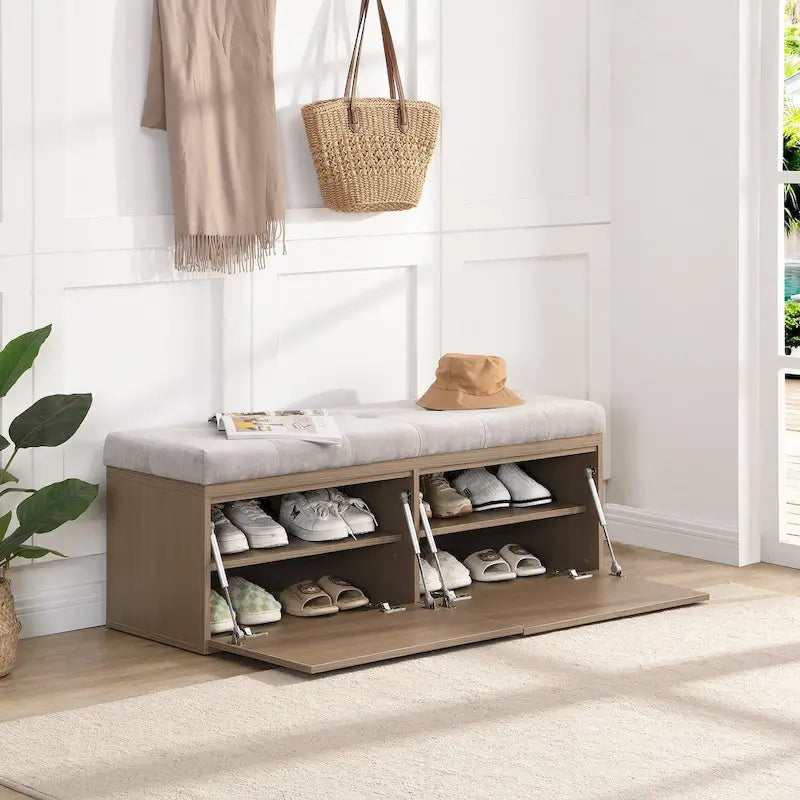 49 Shoe Storage Bench, Entryway Shoe Cabinet Storage Ottoman with Padded Seat Cushion and Double Doors for Entryway, Hallway