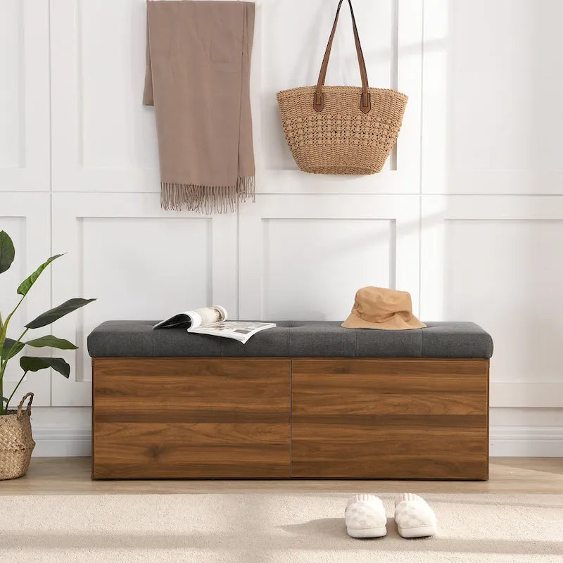 49 Shoe Storage Bench, Entryway Shoe Cabinet Storage Ottoman with Padded Seat Cushion and Double Doors for Entryway, Hallway