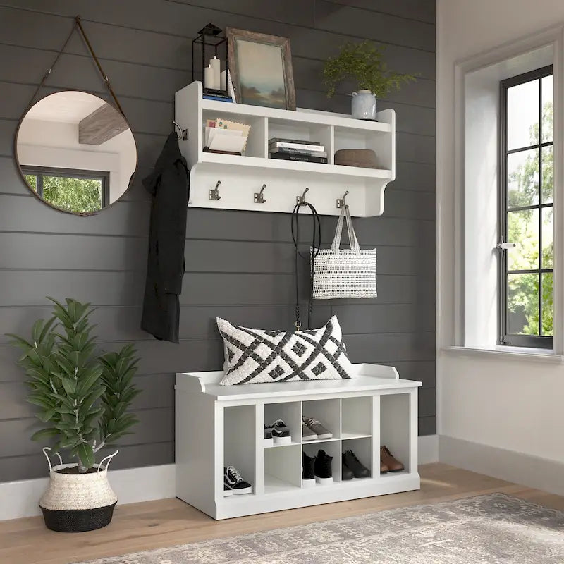 40-Inch Shoe Storage Bench with Shelves and Wall Mounted Coat Rack