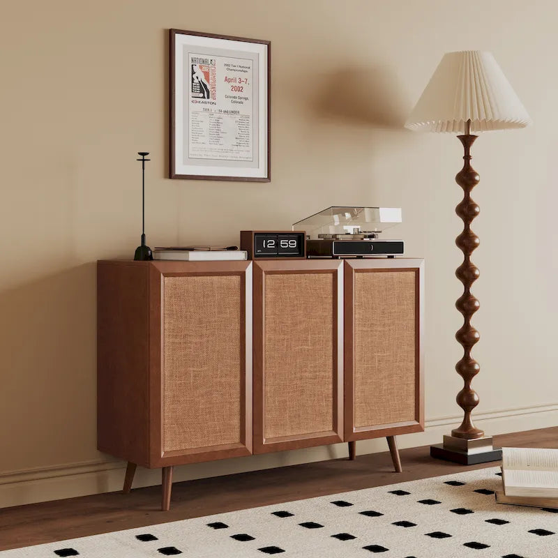 Farmhouse Rattan Buffet Sideboard Cabinet with Doors and Shelves