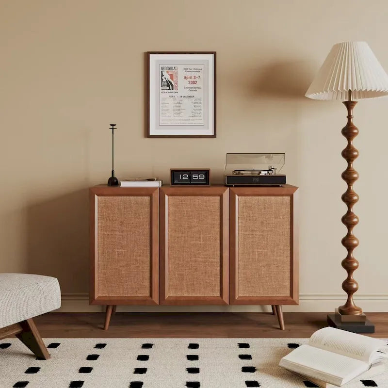 Farmhouse Rattan Buffet Sideboard Cabinet with Doors and Shelves