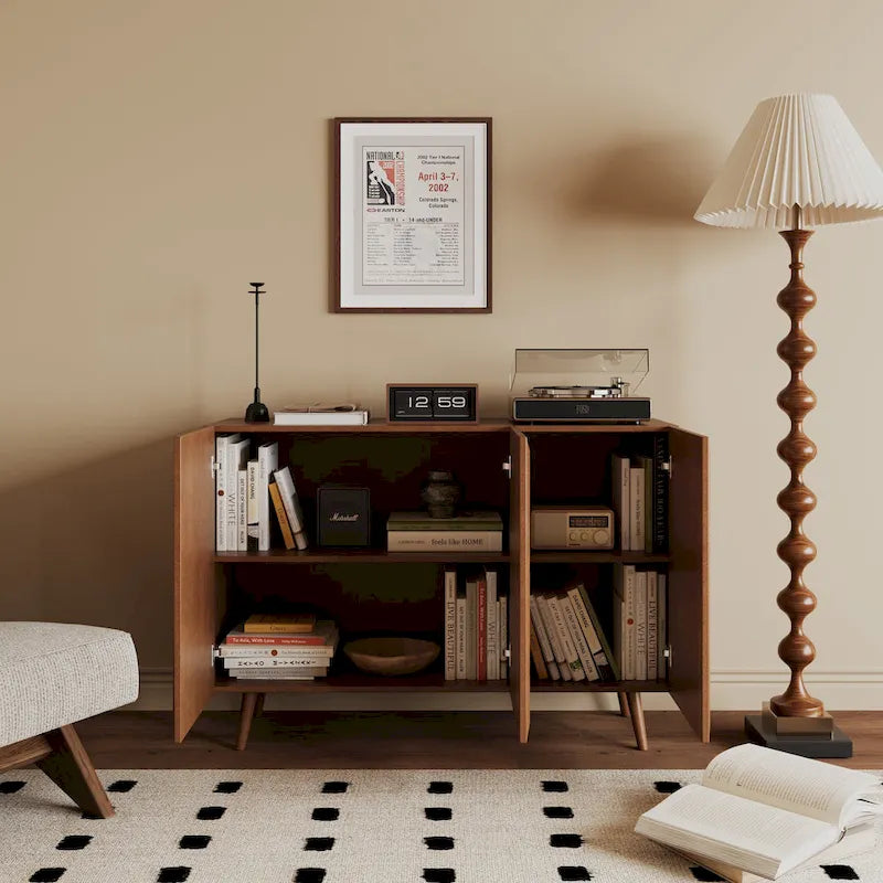 Farmhouse Rattan Buffet Sideboard Cabinet with Doors and Shelves