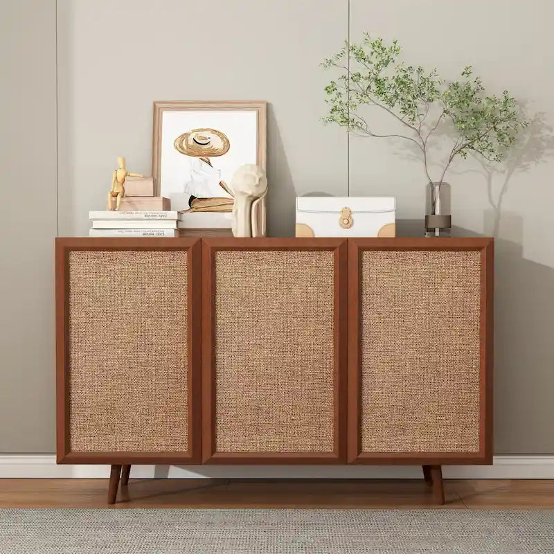 Farmhouse Rattan Buffet Sideboard Cabinet with Doors and Shelves