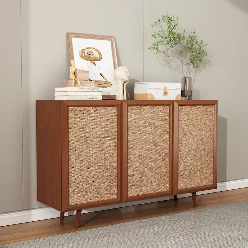 Farmhouse Rattan Buffet Sideboard Cabinet with Doors and Shelves