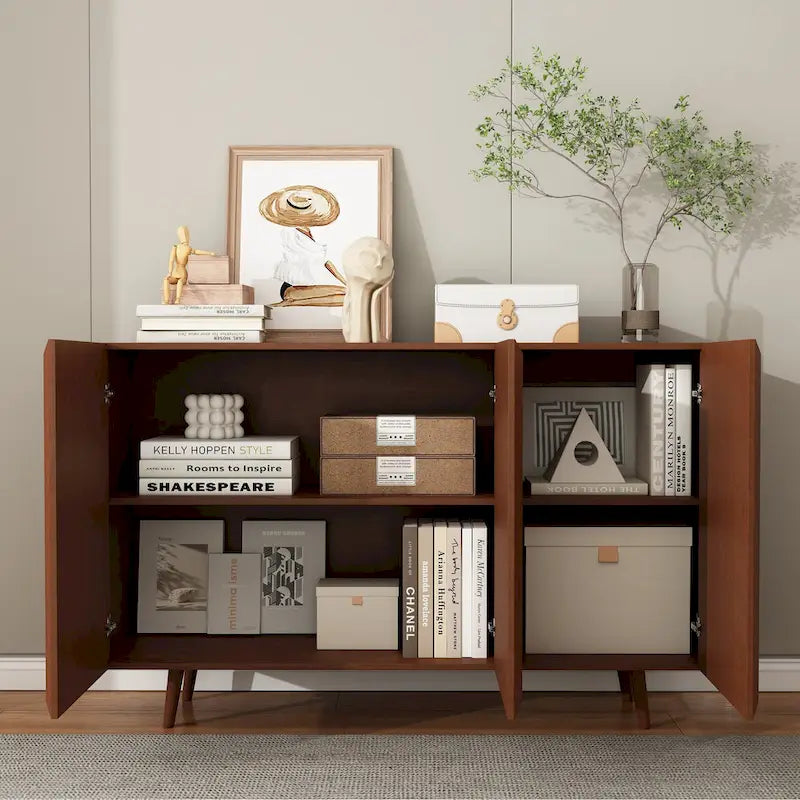 Farmhouse Rattan Buffet Sideboard Cabinet with Doors and Shelves