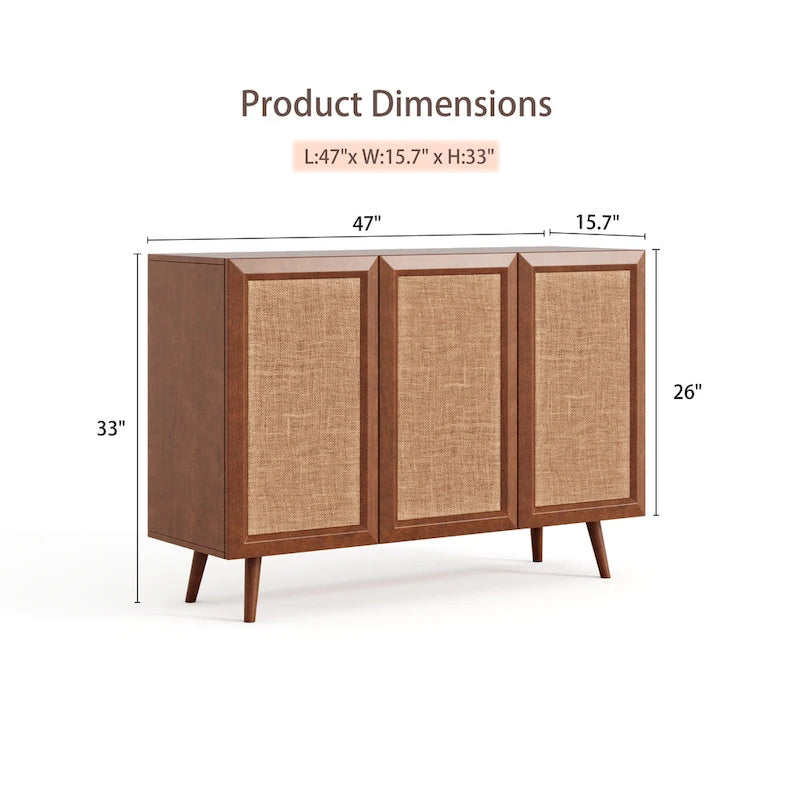 Farmhouse Rattan Buffet Sideboard Cabinet with Doors and Shelves