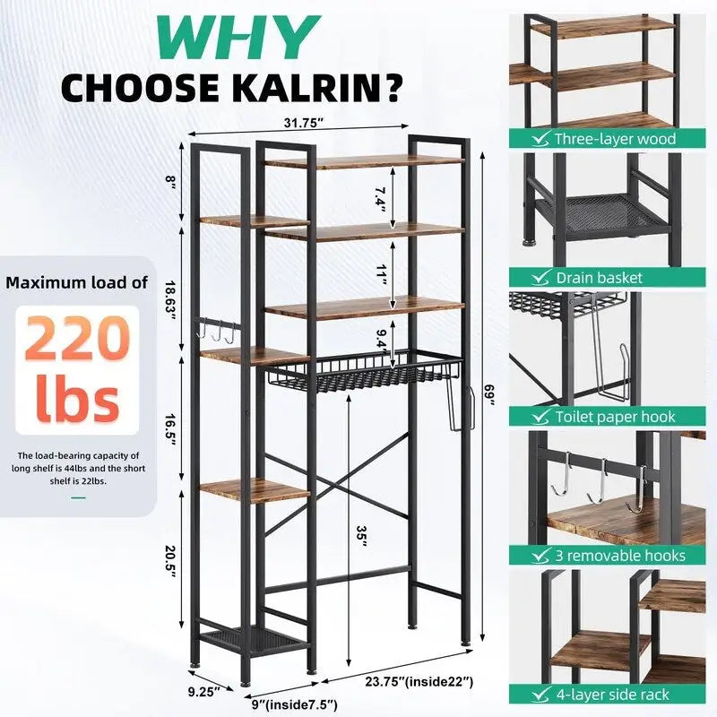 8-Tier Over The Toilet Storage with Side Rack, Over Toilet Storage Rack with Adjustable Shelf & Drain Basket