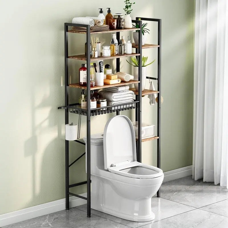 8-Tier Over The Toilet Storage with Side Rack, Over Toilet Storage Rack with Adjustable Shelf & Drain Basket