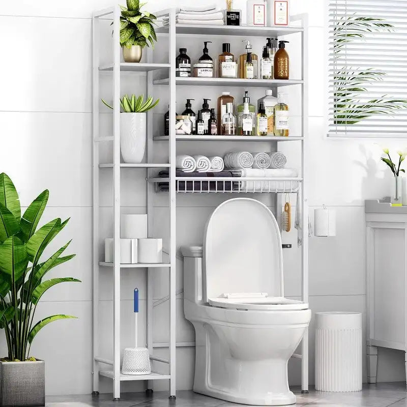 8-Tier Over The Toilet Storage with Side Rack, Over Toilet Storage Rack with Adjustable Shelf & Drain Basket