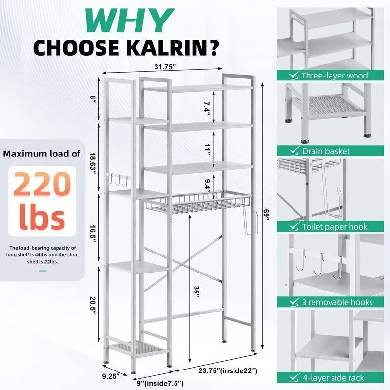 8-Tier Over The Toilet Storage with Side Rack, Over Toilet Storage Rack with Adjustable Shelf & Drain Basket
