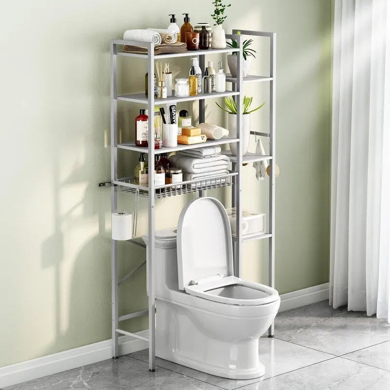 8-Tier Over The Toilet Storage with Side Rack, Over Toilet Storage Rack with Adjustable Shelf & Drain Basket