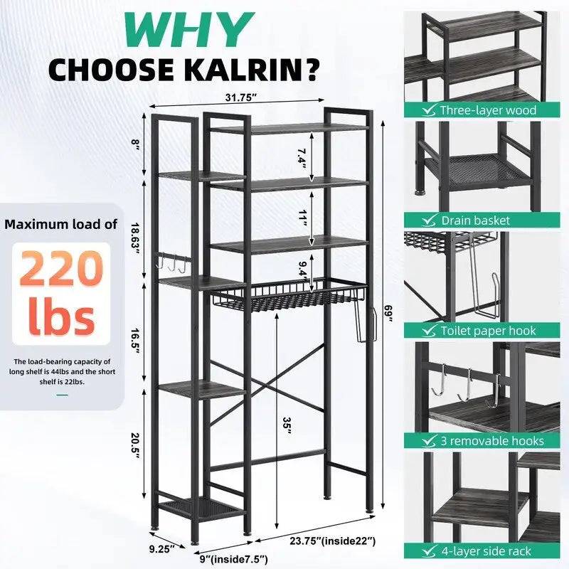 8-Tier Over The Toilet Storage with Side Rack, Over Toilet Storage Rack with Adjustable Shelf & Drain Basket
