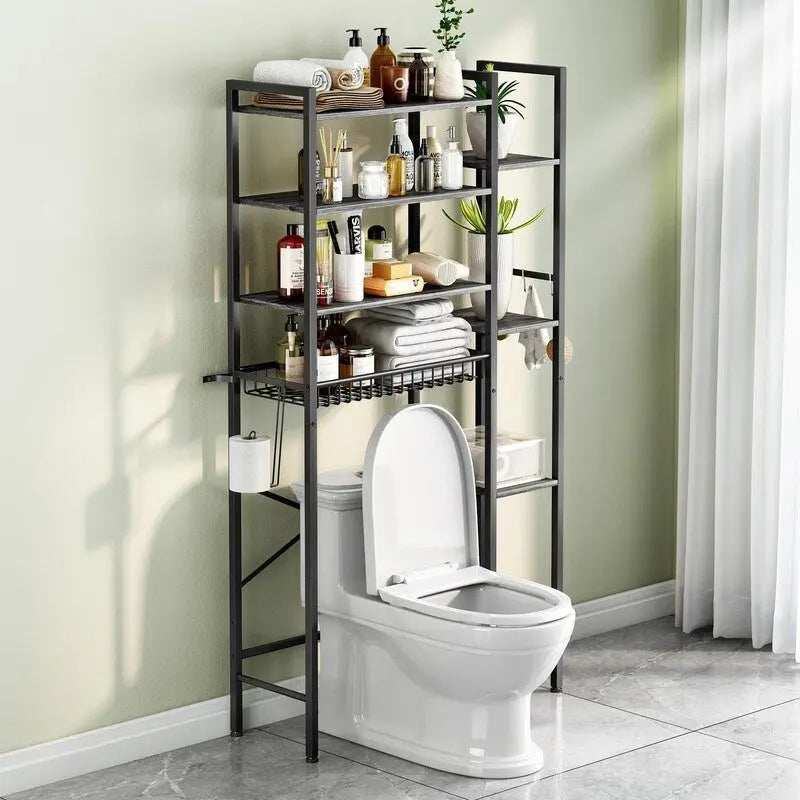 8-Tier Over The Toilet Storage with Side Rack, Over Toilet Storage Rack with Adjustable Shelf & Drain Basket