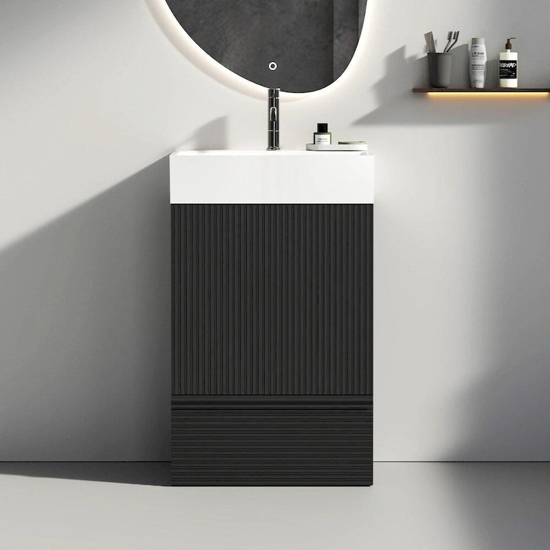 Single Sink Bathroom Vanity, Modern Grille-patterned Freestanding Vanity With Hidden Handle, Wood Bathroom Cabinet