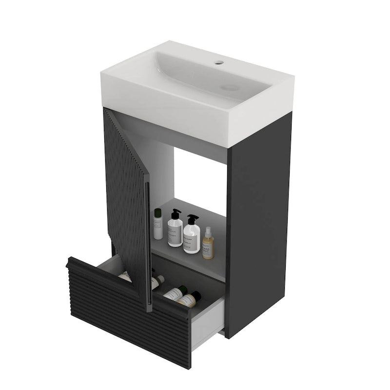 Single Sink Bathroom Vanity, Modern Grille-patterned Freestanding Vanity With Hidden Handle, Wood Bathroom Cabinet