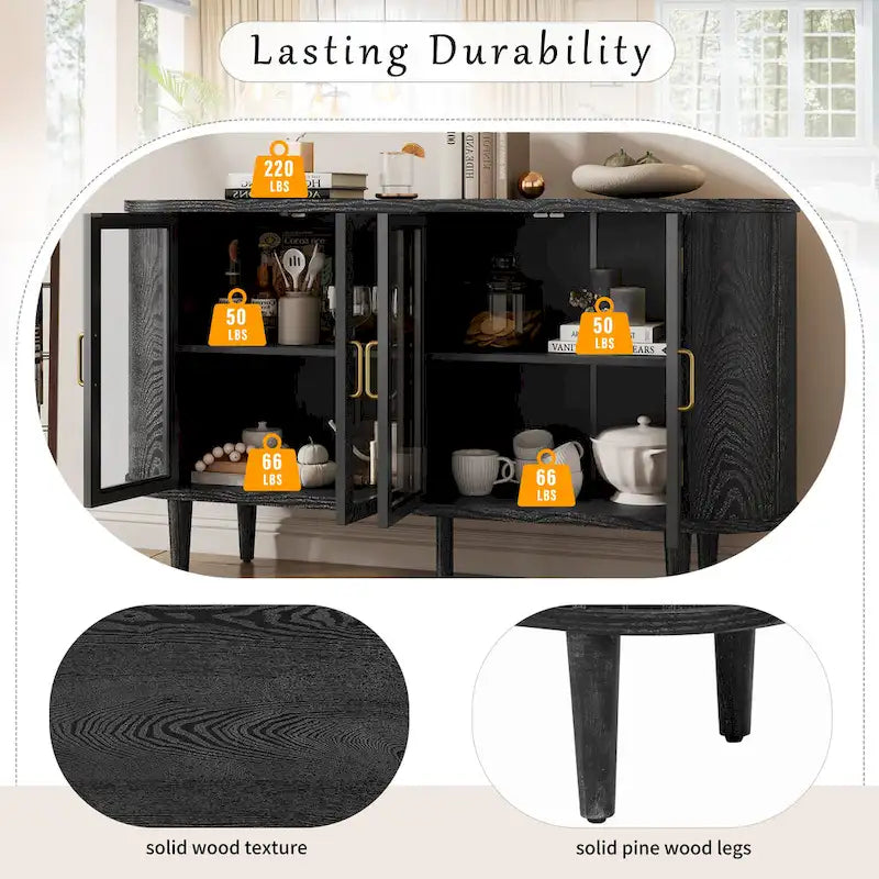 Farmhouse Sideboard Cabinet with Glass Doors & Adjustable Shelves