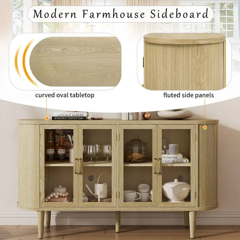 Farmhouse Sideboard Cabinet with Glass Doors & Adjustable Shelves