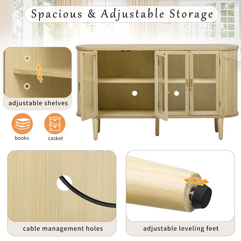 Farmhouse Sideboard Cabinet with Glass Doors & Adjustable Shelves