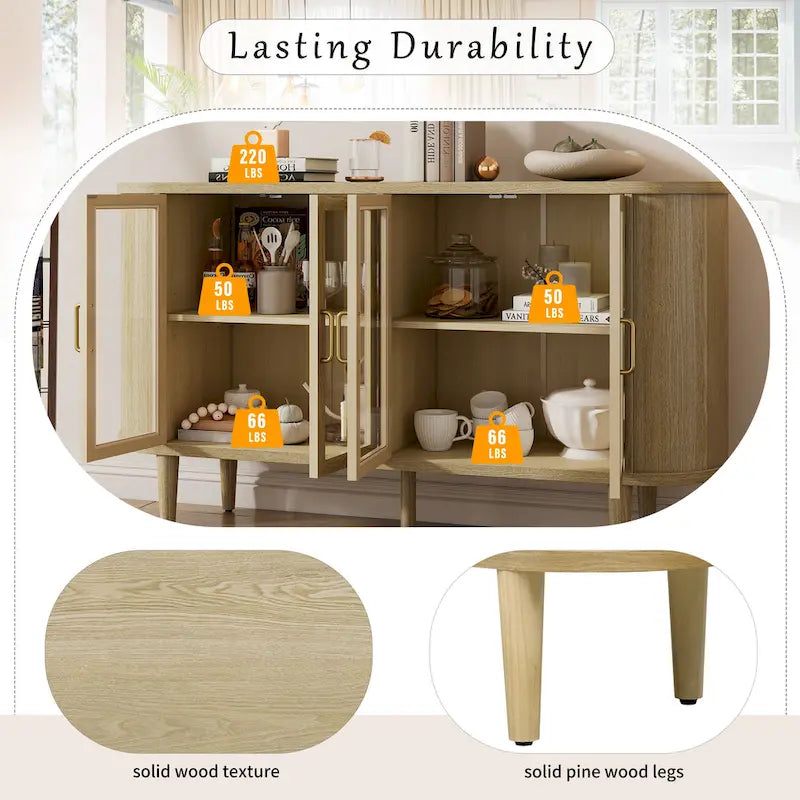 Farmhouse Sideboard Cabinet with Glass Doors & Adjustable Shelves
