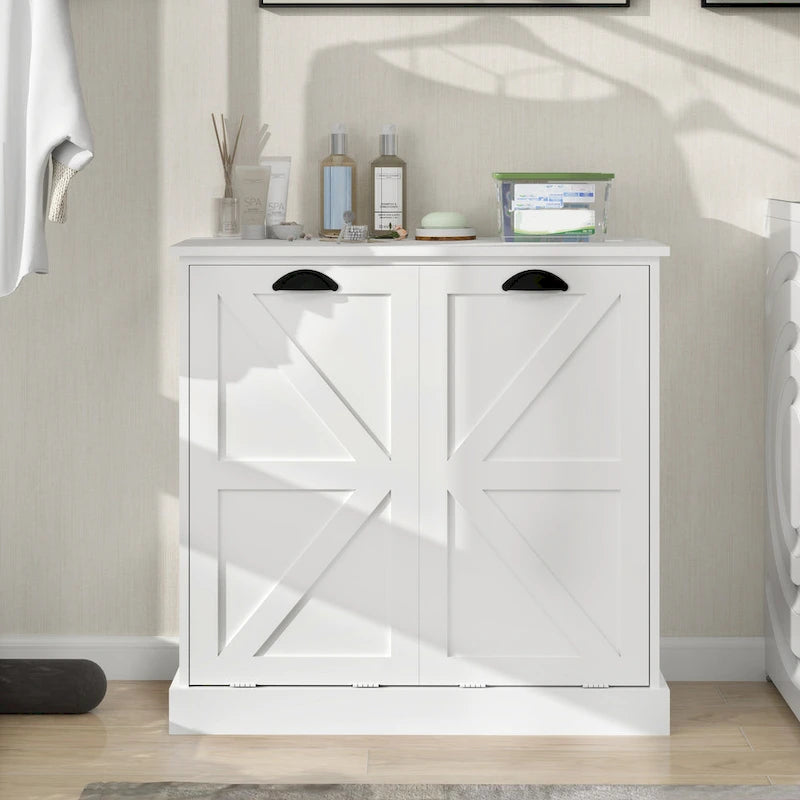 Modern Laundry Sorter Cabinet with Two Compartments and Removable Cloth Bags