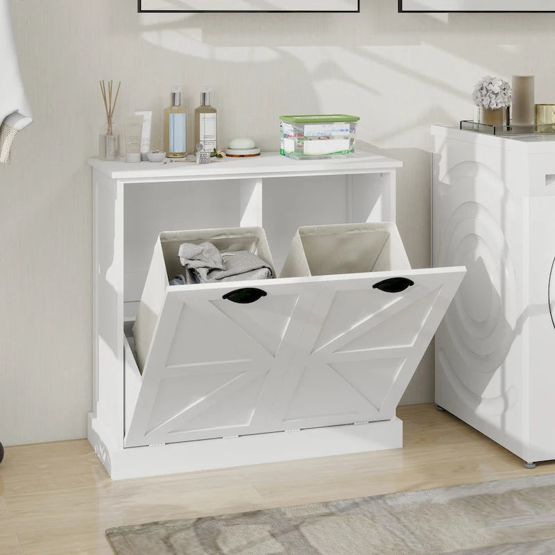 Modern Laundry Sorter Cabinet with Two Compartments and Removable Cloth Bags