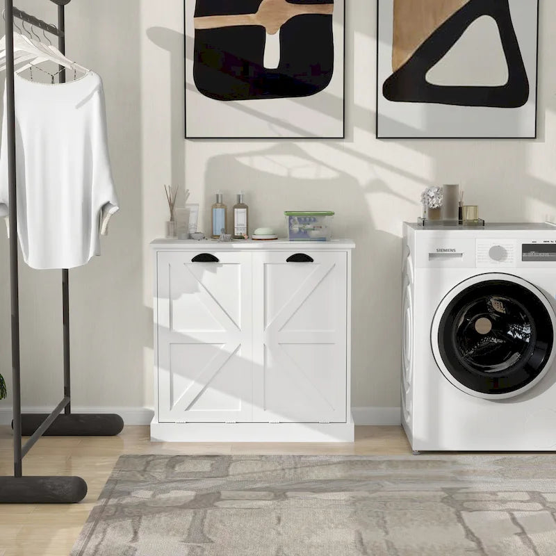 Modern Laundry Sorter Cabinet with Two Compartments and Removable Cloth Bags