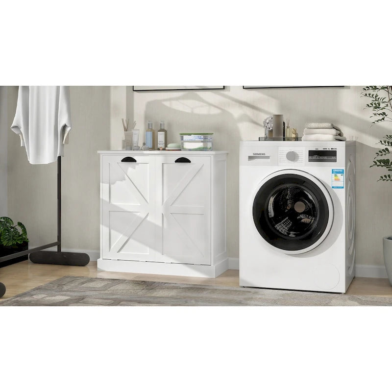 Modern Laundry Sorter Cabinet with Two Compartments and Removable Cloth Bags