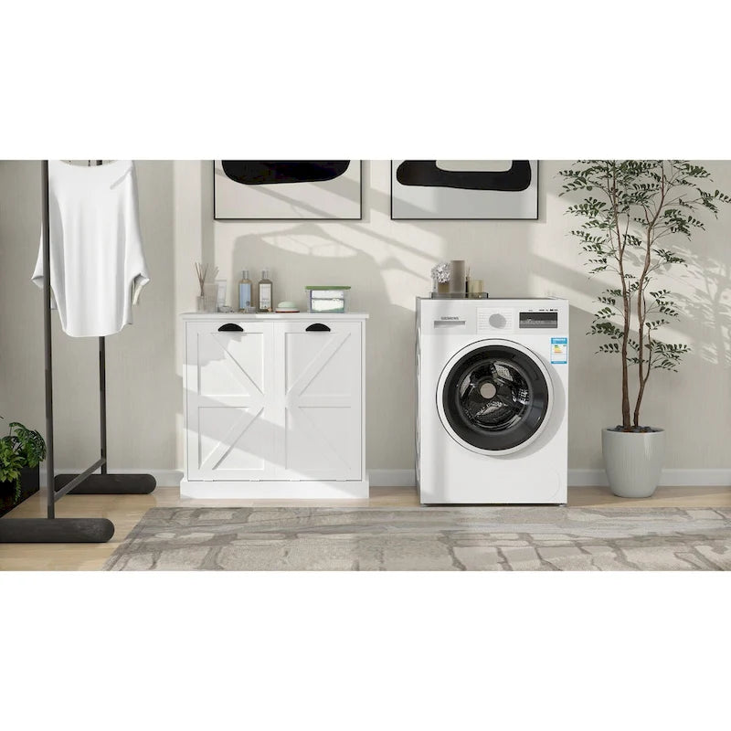 Modern Laundry Sorter Cabinet with Two Compartments and Removable Cloth Bags