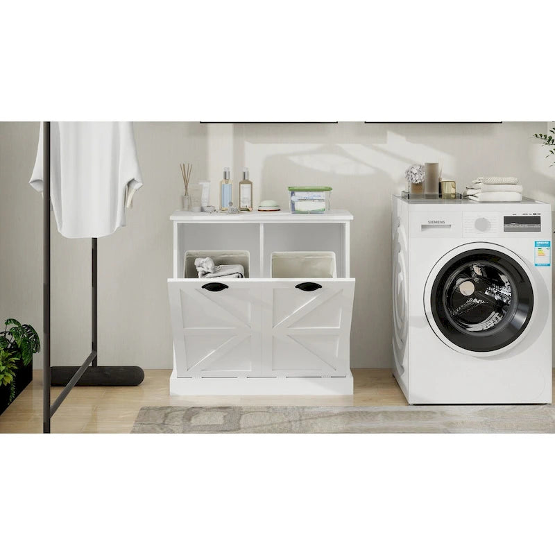 Modern Laundry Sorter Cabinet with Two Compartments and Removable Cloth Bags