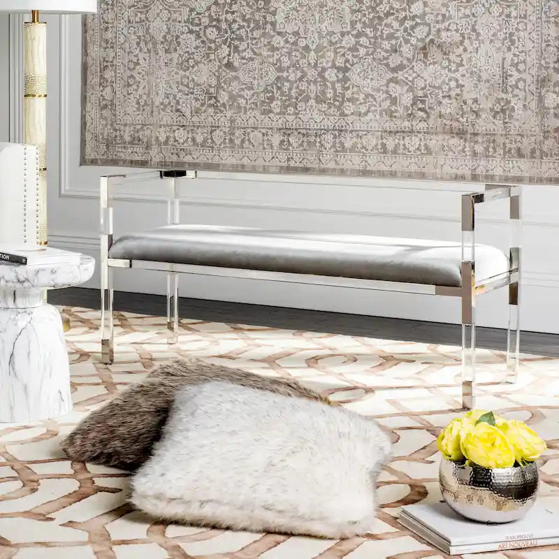 Grey Acrylic Upholstered Bench with Brass Finish Details - 50Wx18Dx26H