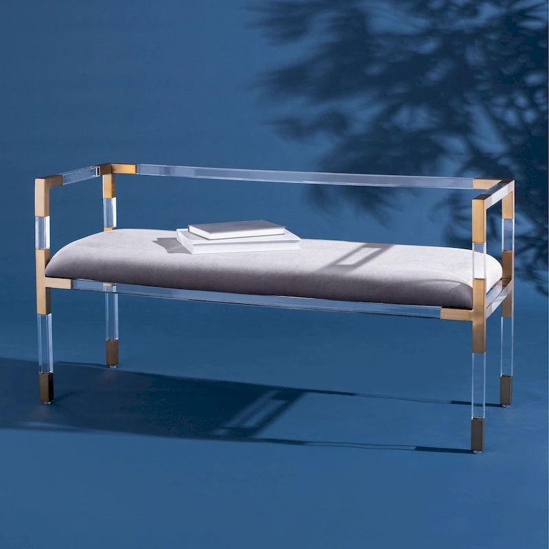 Grey Acrylic Upholstered Bench with Brass Finish Details - 50Wx18Dx26H