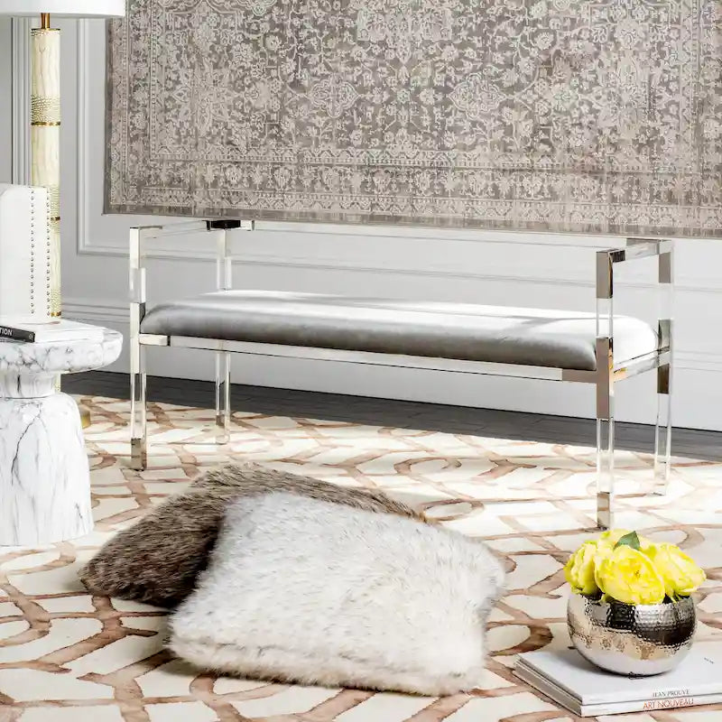 Grey Acrylic Upholstered Bench with Brass Finish Details - 50Wx18Dx26H