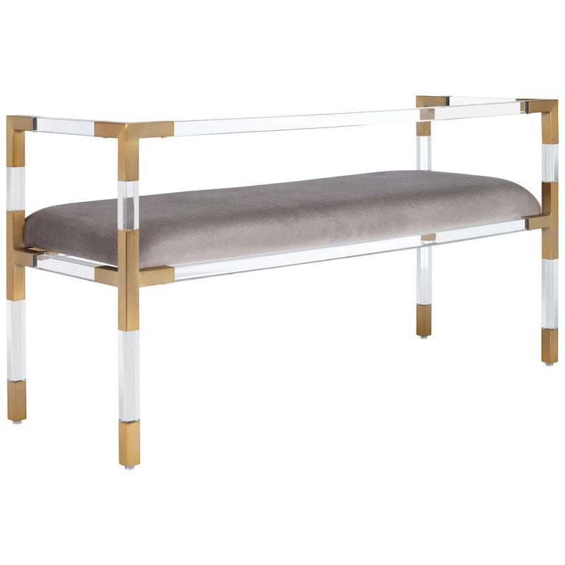 Grey Acrylic Upholstered Bench with Brass Finish Details - 50Wx18Dx26H
