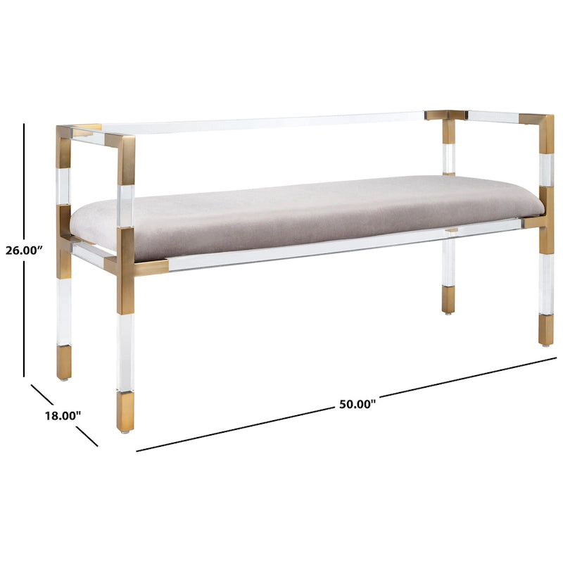 Grey Acrylic Upholstered Bench with Brass Finish Details - 50Wx18Dx26H