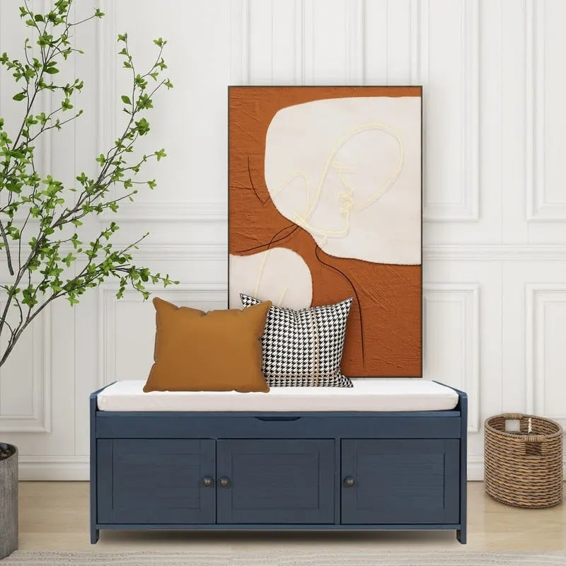 Wooden shoe storage stool with cushioned entrance bench with built-in adjustable shelf and flip top