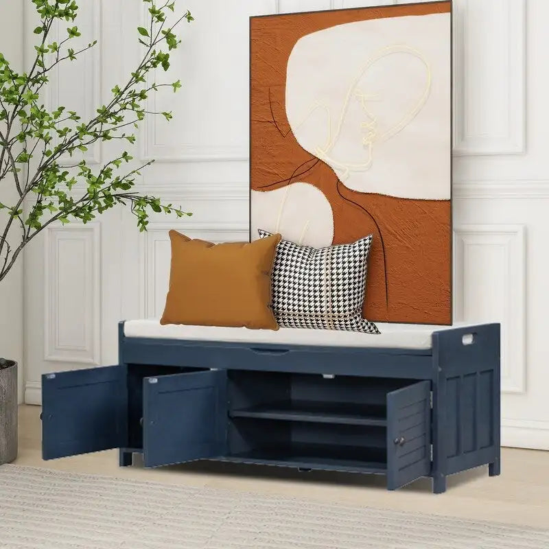 Wooden shoe storage stool with cushioned entrance bench with built-in adjustable shelf and flip top