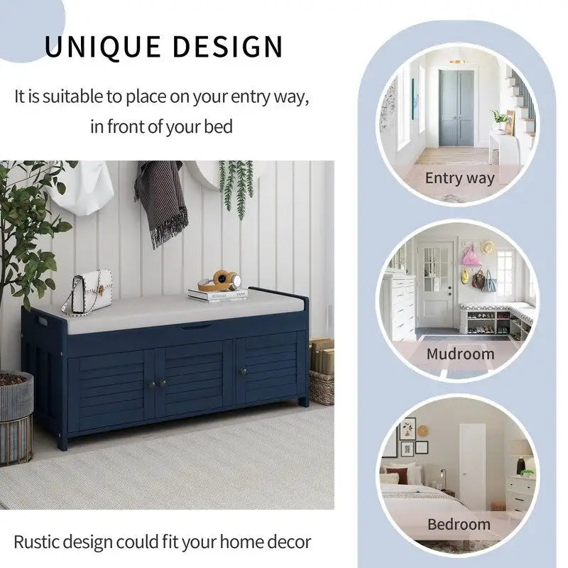 Wooden shoe storage stool with cushioned entrance bench with built-in adjustable shelf and flip top