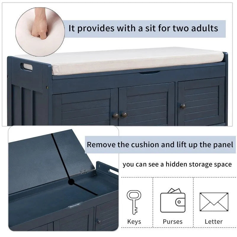 Wooden shoe storage stool with cushioned entrance bench with built-in adjustable shelf and flip top