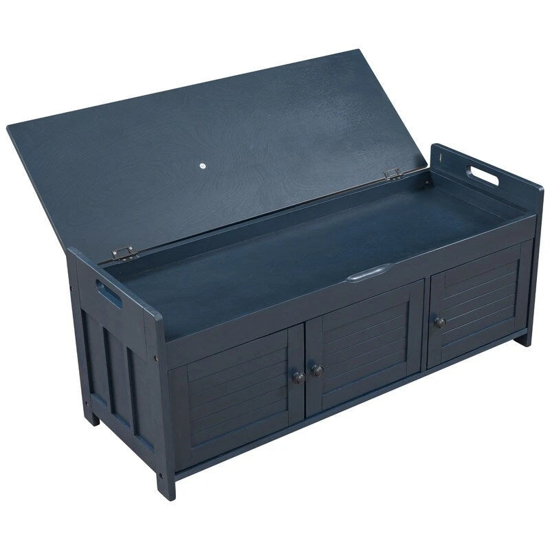 Wooden shoe storage stool with cushioned entrance bench with built-in adjustable shelf and flip top