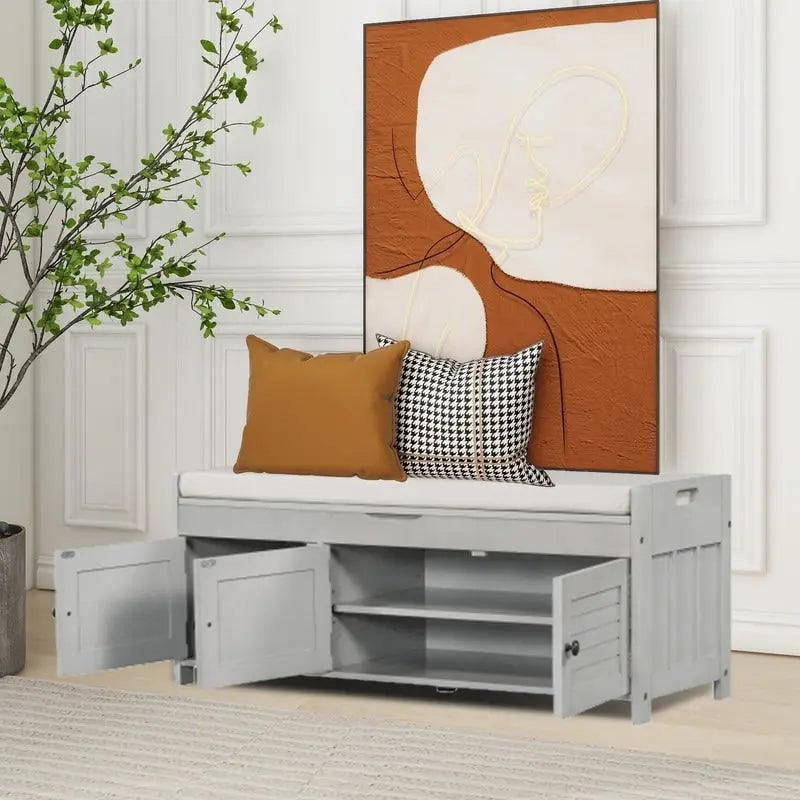 Wooden shoe storage stool with cushioned entrance bench with built-in adjustable shelf and flip top