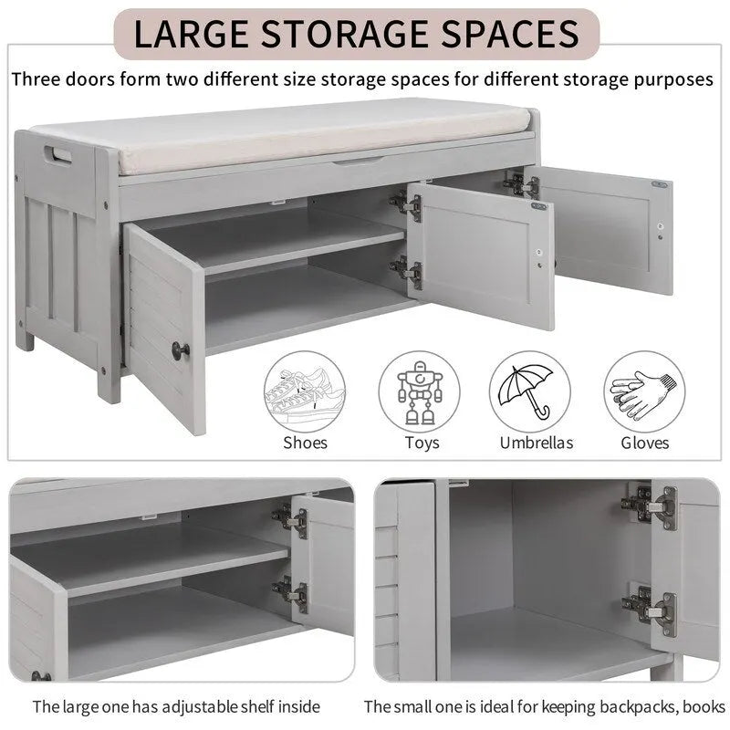 Wooden shoe storage stool with cushioned entrance bench with built-in adjustable shelf and flip top