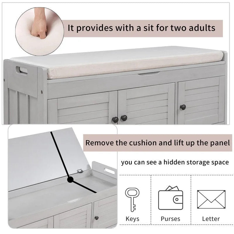 Wooden shoe storage stool with cushioned entrance bench with built-in adjustable shelf and flip top