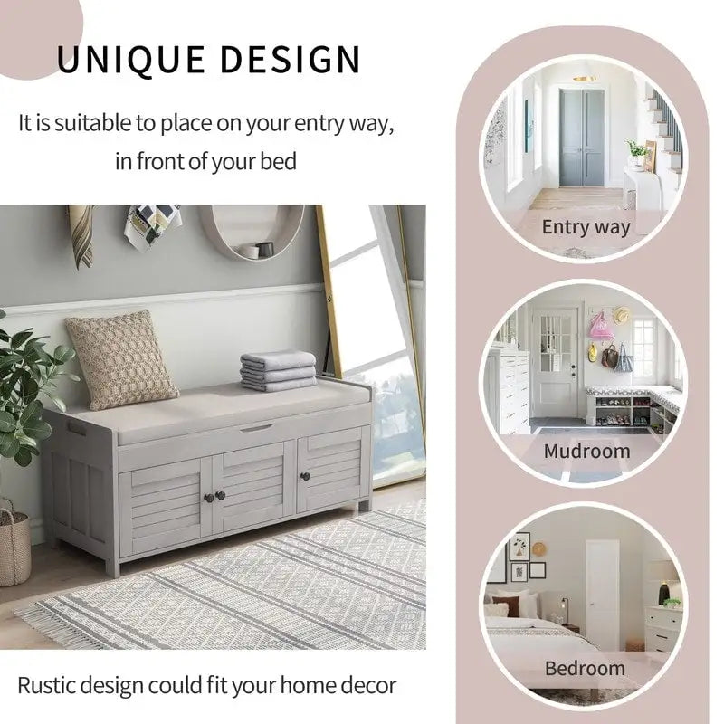 Wooden shoe storage stool with cushioned entrance bench with built-in adjustable shelf and flip top