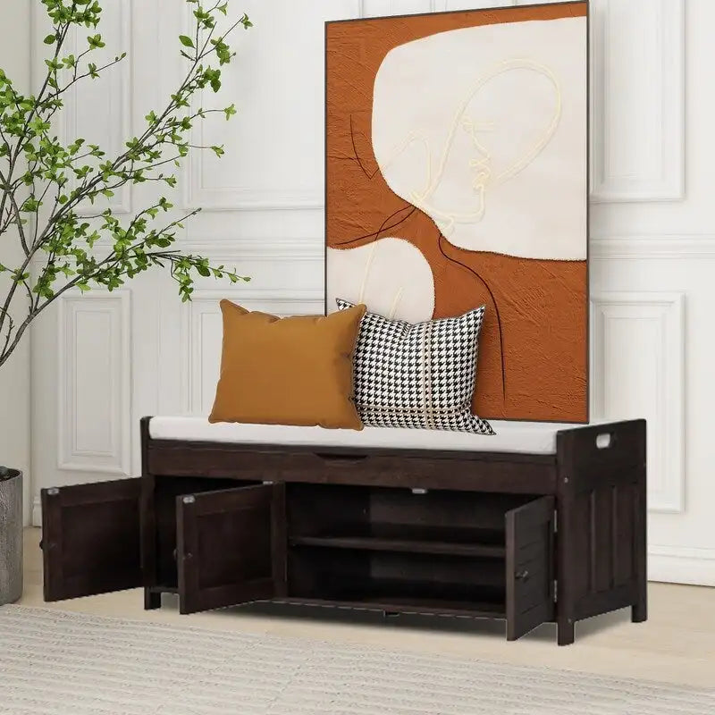 Wooden shoe storage stool with cushioned entrance bench with built-in adjustable shelf and flip top