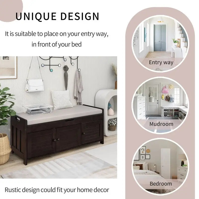 Wooden shoe storage stool with cushioned entrance bench with built-in adjustable shelf and flip top