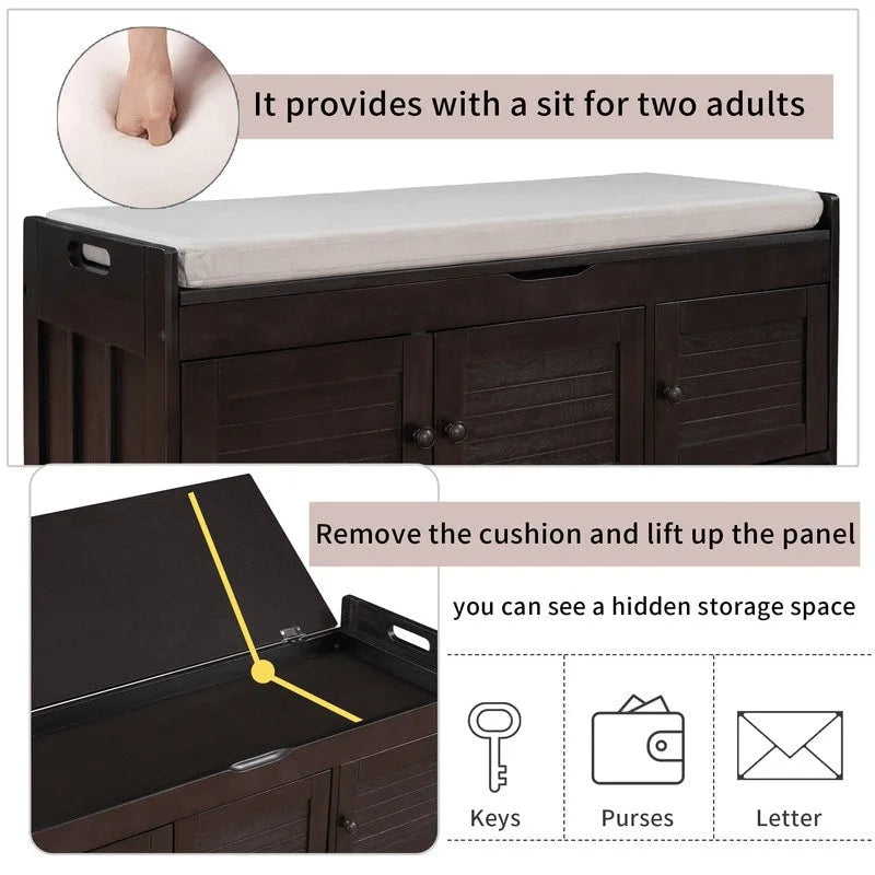 Wooden shoe storage stool with cushioned entrance bench with built-in adjustable shelf and flip top