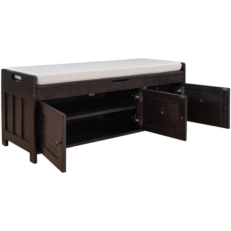 Wooden shoe storage stool with cushioned entrance bench with built-in adjustable shelf and flip top