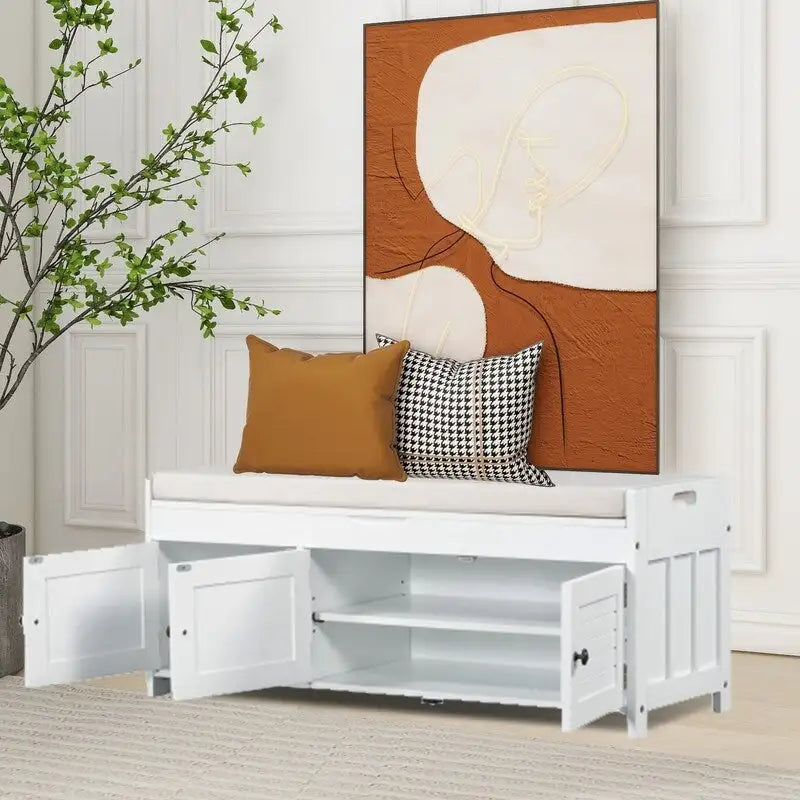 Wooden shoe storage stool with cushioned entrance bench with built-in adjustable shelf and flip top