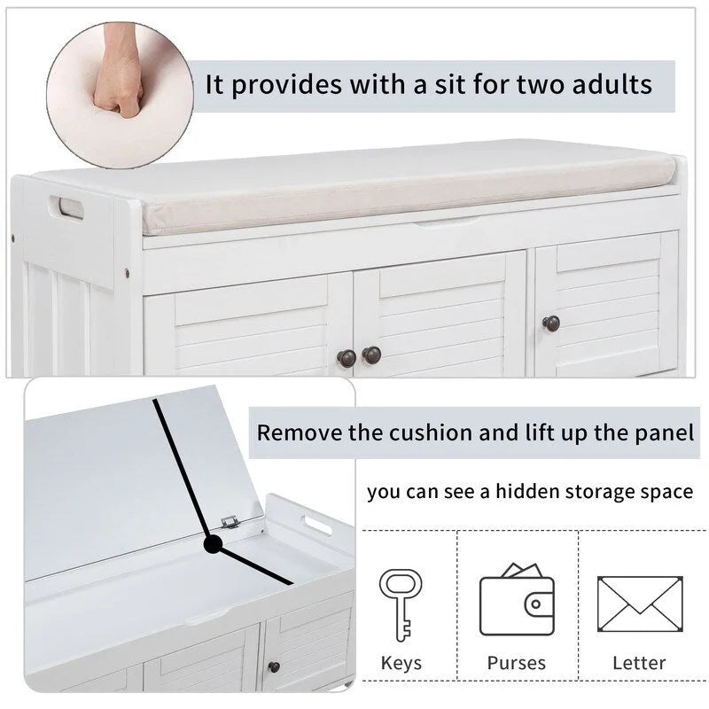 Wooden shoe storage stool with cushioned entrance bench with built-in adjustable shelf and flip top