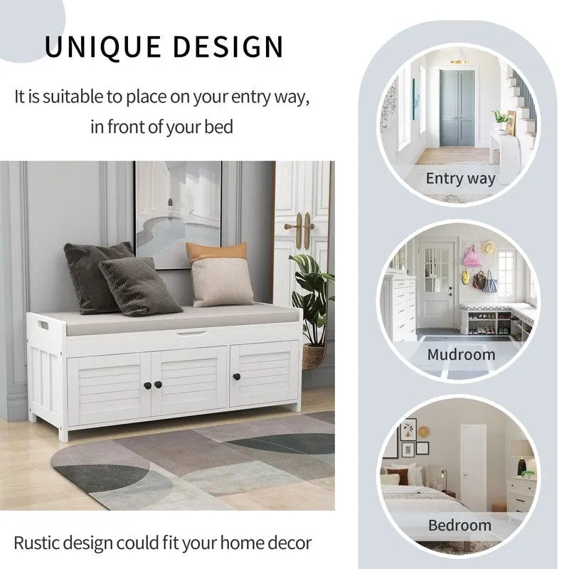Wooden shoe storage stool with cushioned entrance bench with built-in adjustable shelf and flip top